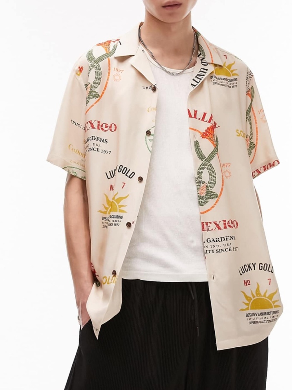 Topman Men’s Mexico Lucky Gold Orange Graphic Print Short Sleeve Shirt - Size M